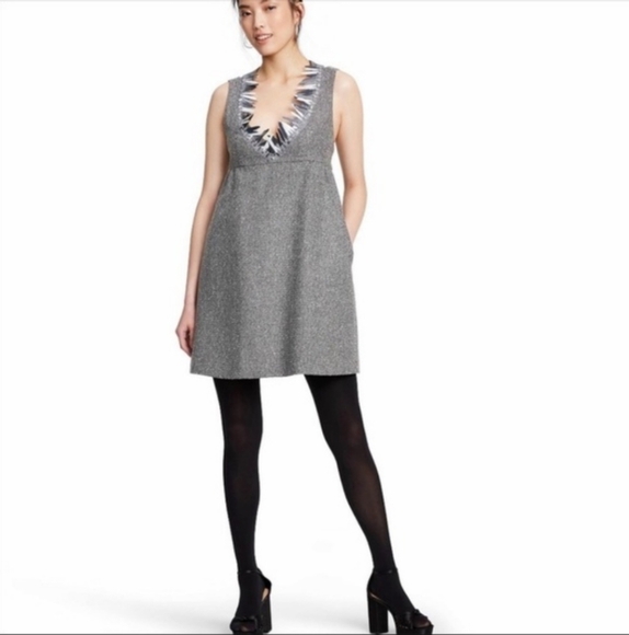 Anna Sui Gray Tweed Cocktail Dress Size Medium Open Back Neck Detail - Picture 1 of 11